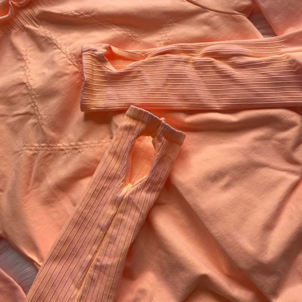 8. New! Free People Movement Good Karma Hi-Neck Layer Long Sleeve Top in Peach - Picture 8 of 12